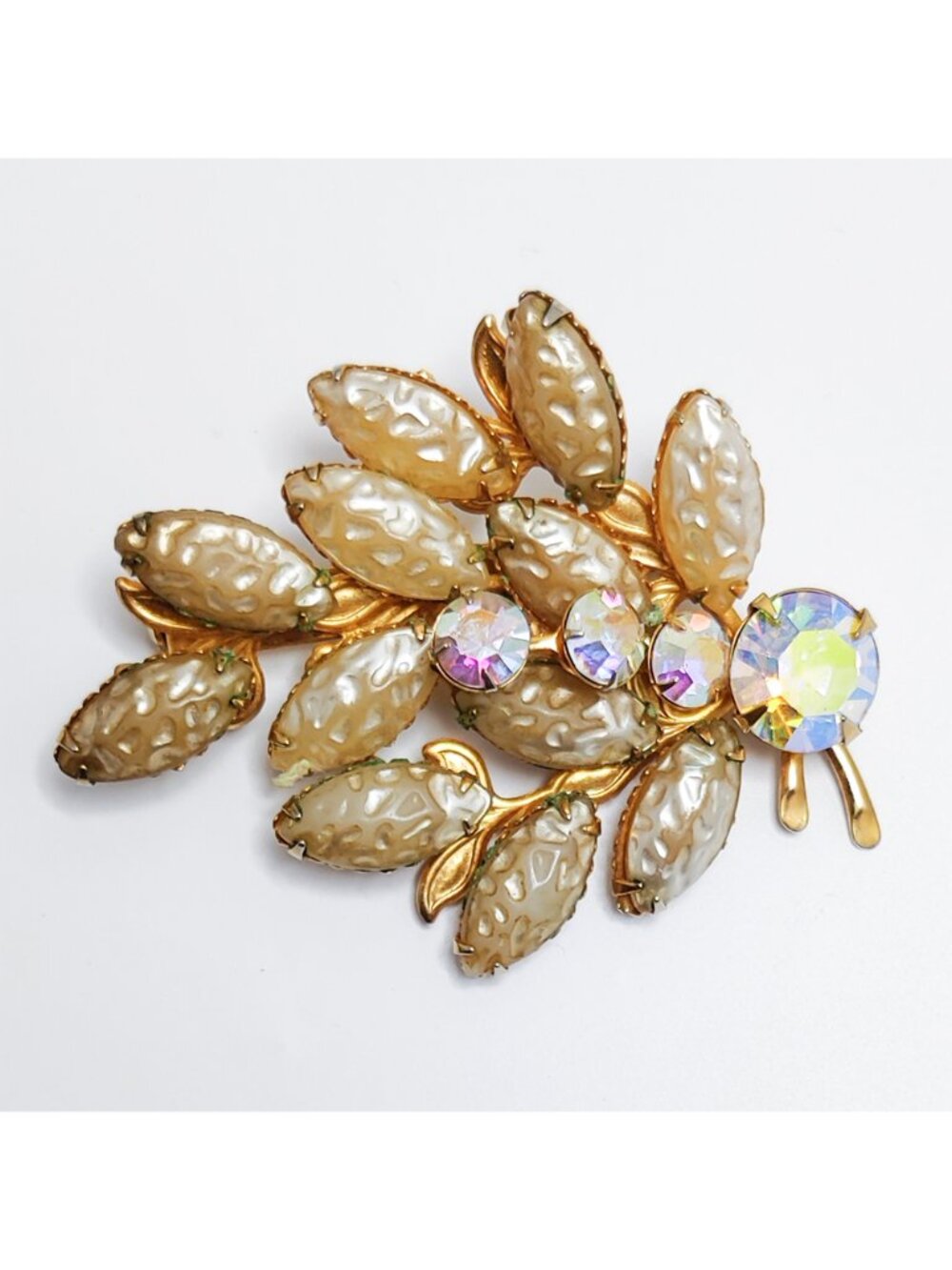 Vintage 1950s Beau Jewels Brooch Baroque Navette Faux Pearls AB Crystals Rivets - Picture 1 of 3